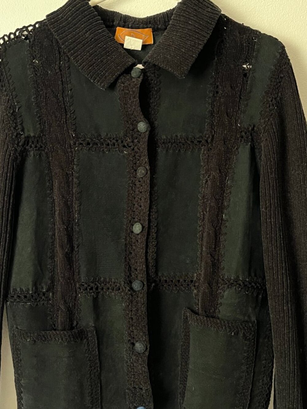 IDI by Matthew Vintage Black Leather Suede Jacket Size L Crochet Patchwork Knit
